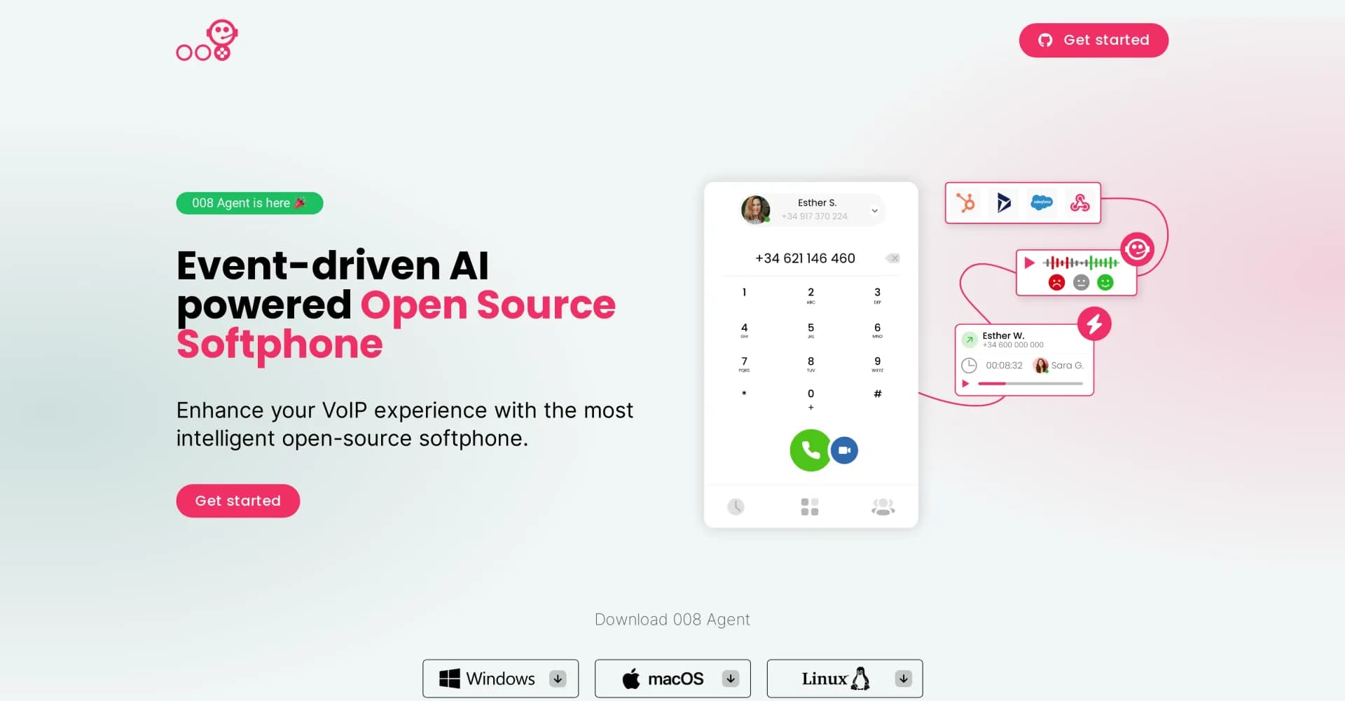008 Agent homepage screenshot — AI-powered open-source softphone revolutionizing VoIP.