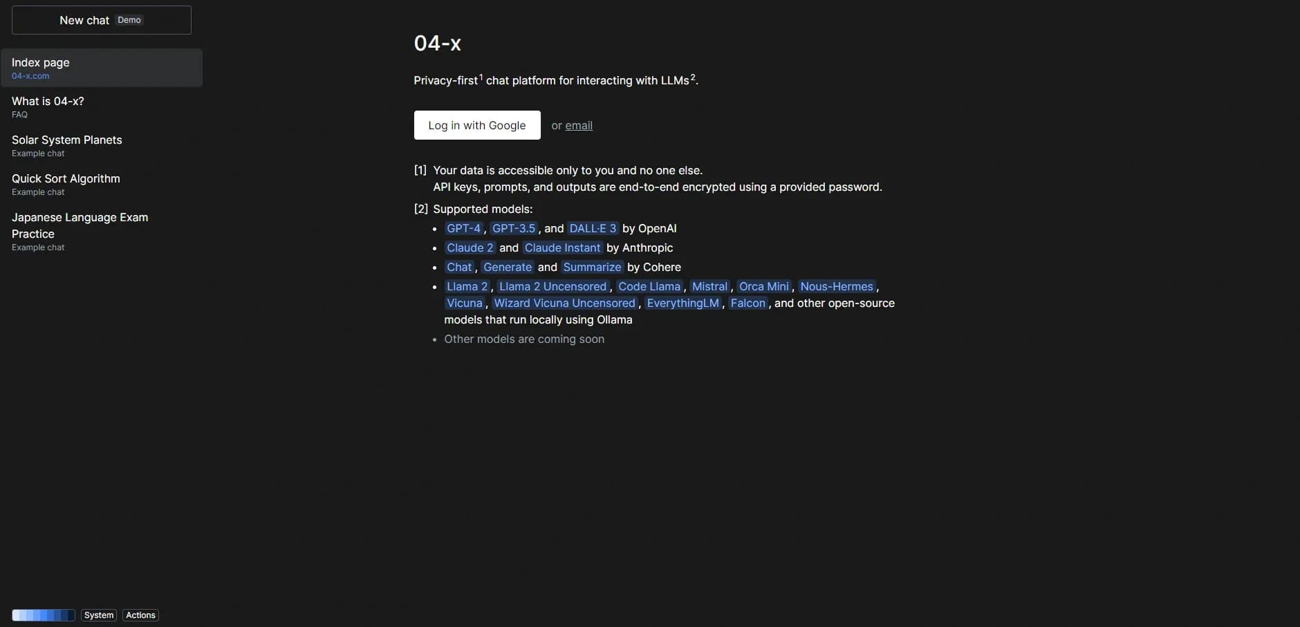 04-x homepage screenshot — Privacy-first chat with powerful AI models