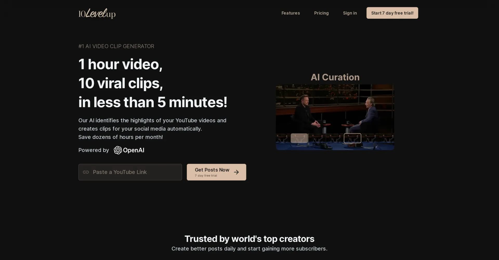 10LevelUp homepage screenshot — AI turns videos into viral clips automatically