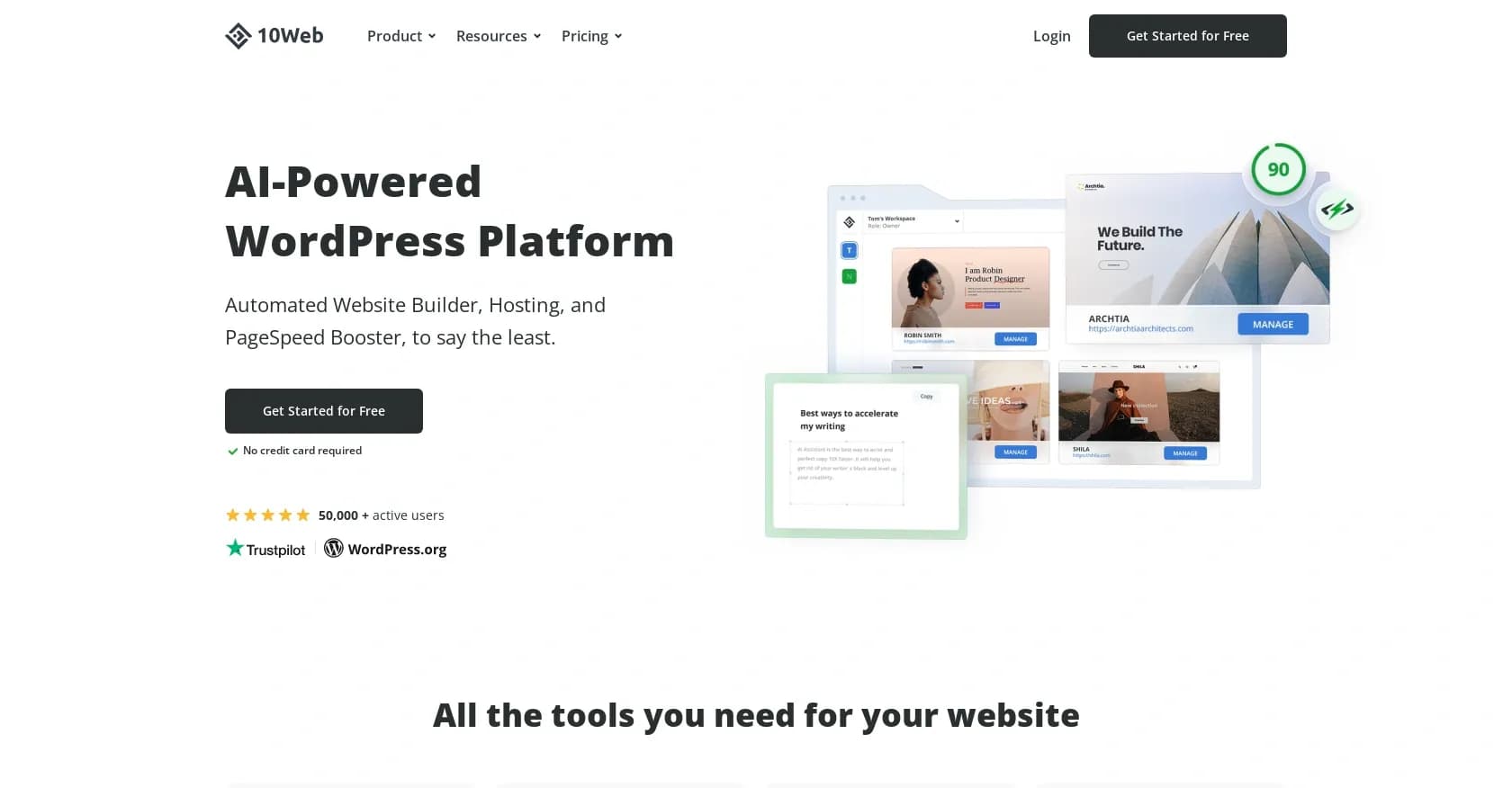 10Web homepage screenshot — AI-powered WordPress automation platform