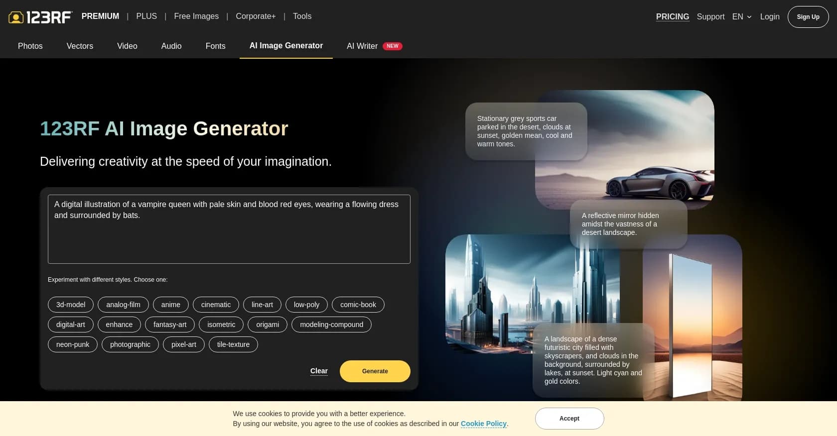 123RF homepage screenshot — Turn business ideas from text into visuals.