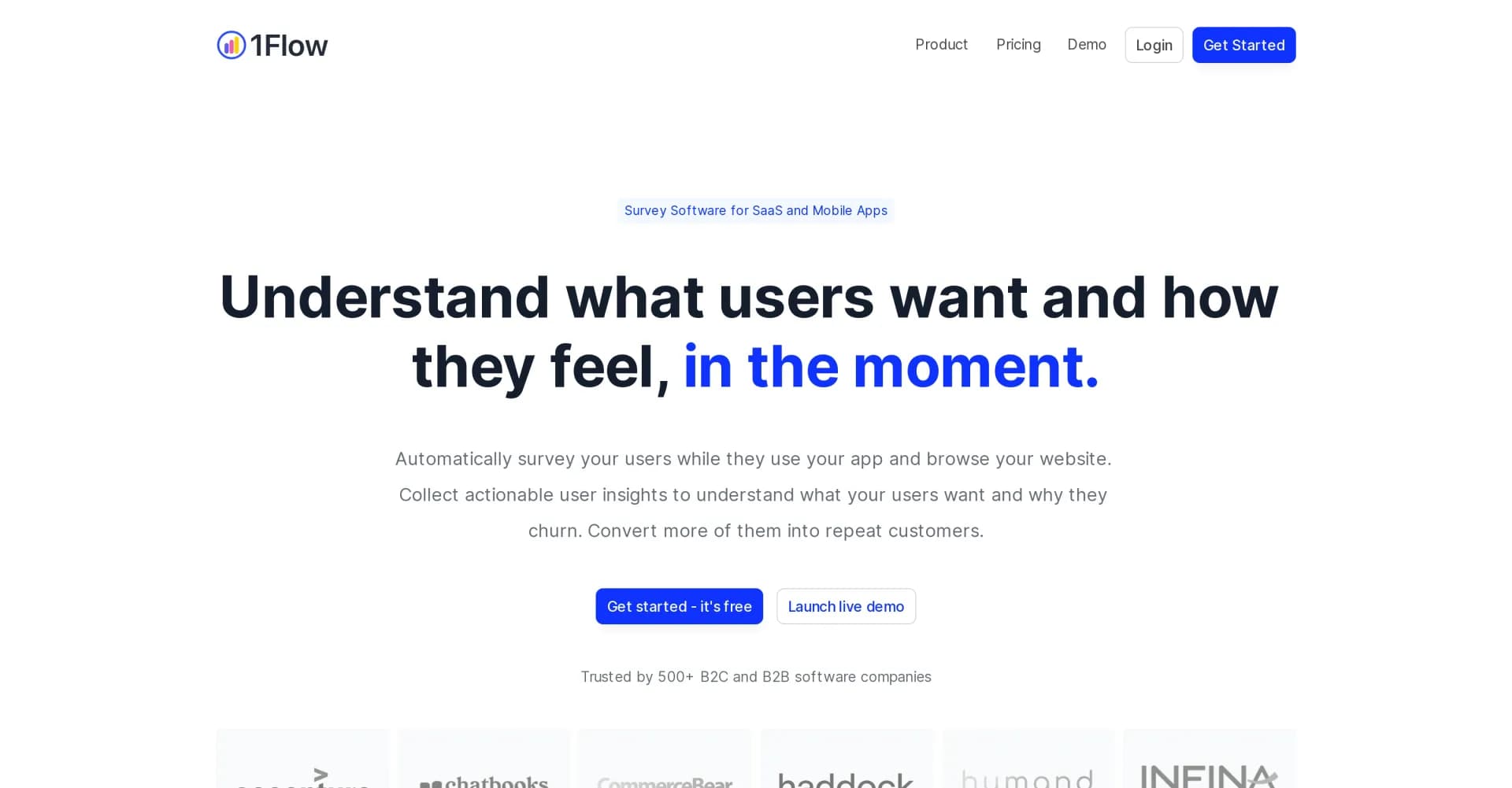 1Flow homepage screenshot — Gather in-app user insights to boost retention.