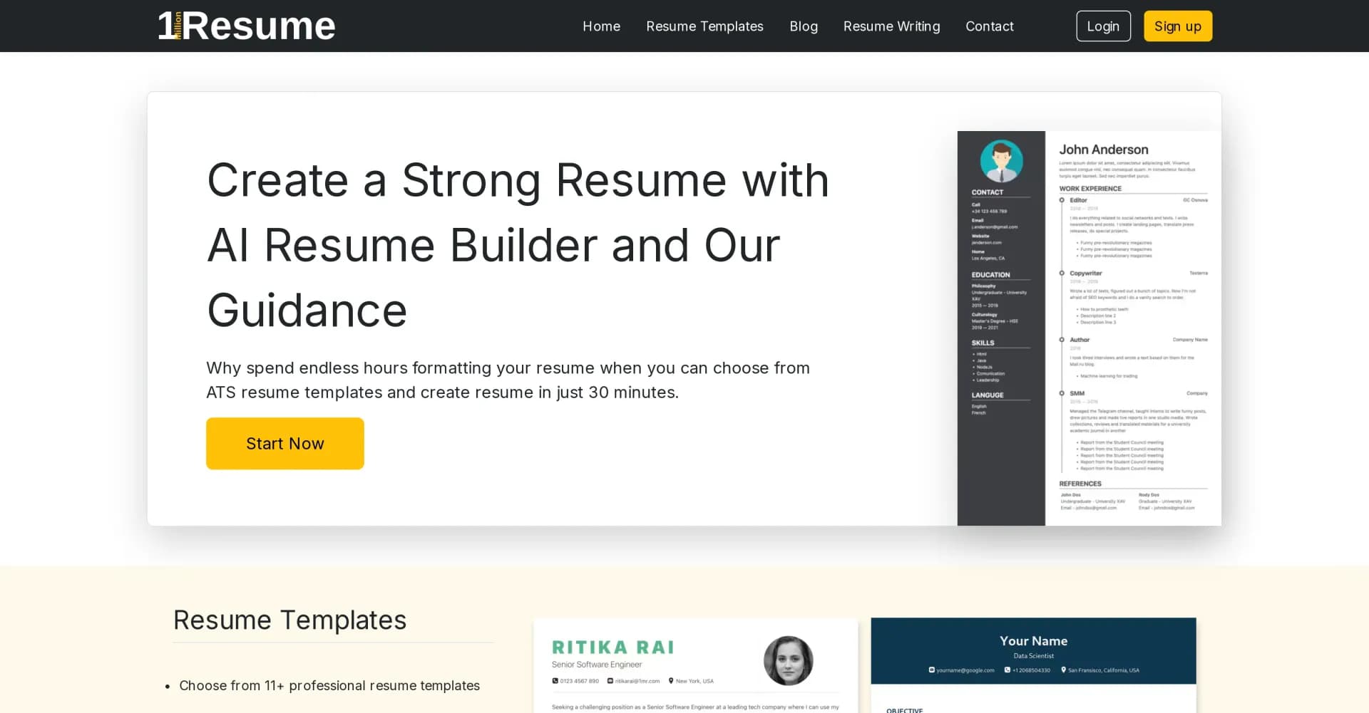 1MillionResume homepage screenshot — Create a professional resume in 30 minutes with AI
