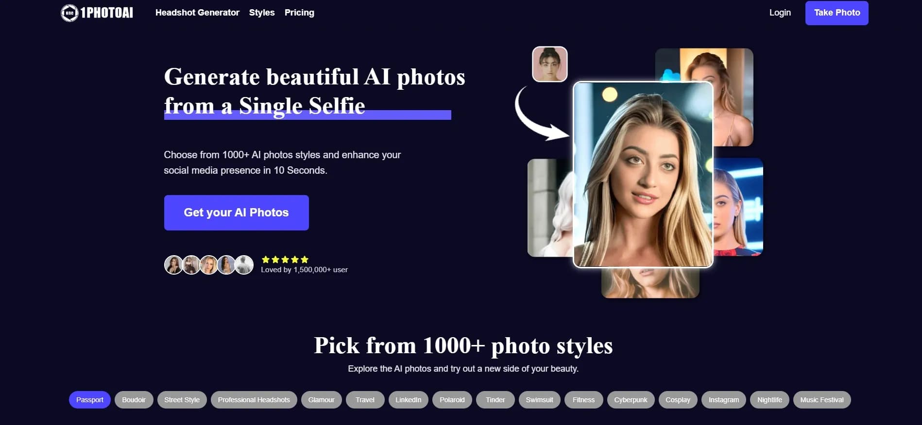 1PhotoAI homepage screenshot — Profile image generator with styles.