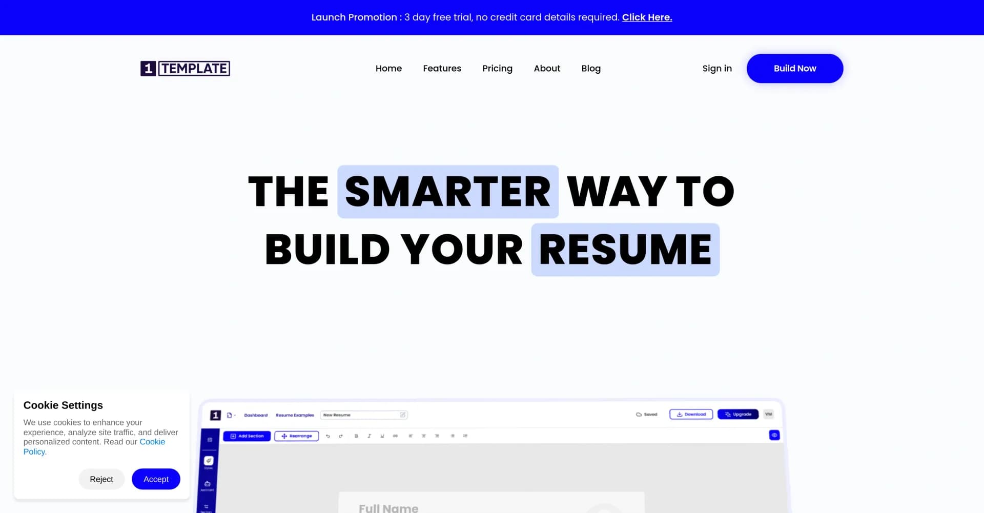 1Template homepage screenshot — Create professional resumes instantly with AI
