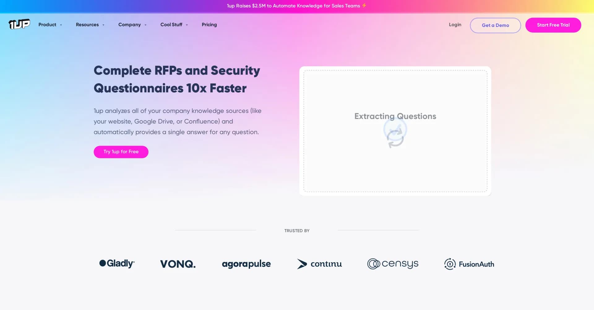 1up homepage screenshot — Complete RFPs and questionnaires 10x faster.