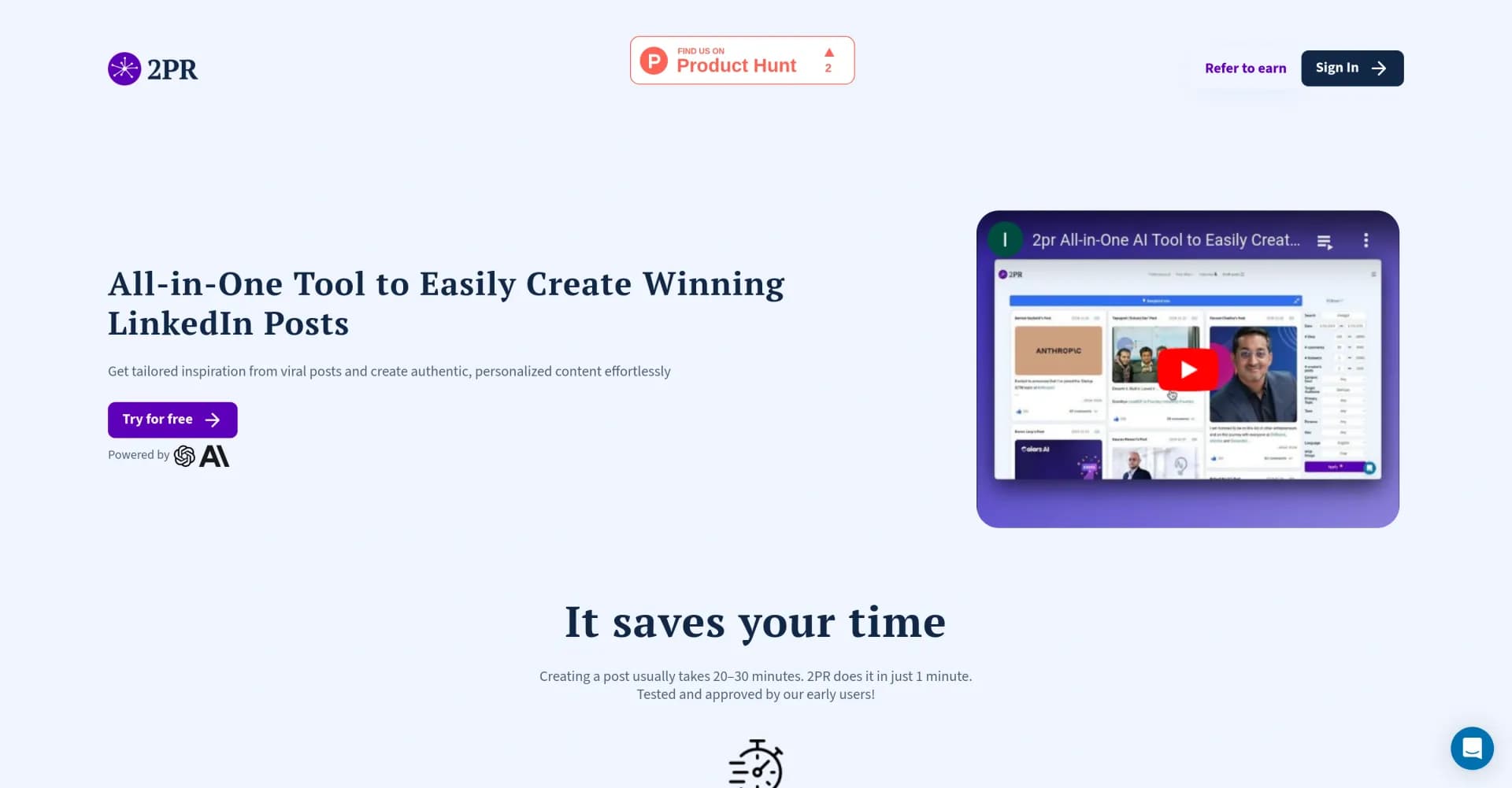 2PRv2.0 homepage screenshot — 2pr All-in-One AI Tool to Easily Create Winning Linkedin Pos