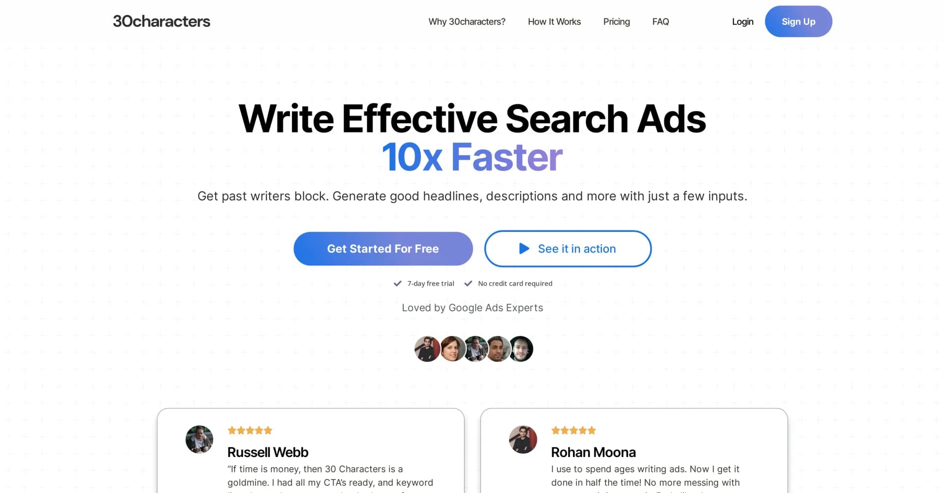 30characters homepage screenshot — Write effective search ads 10x faster with AI.