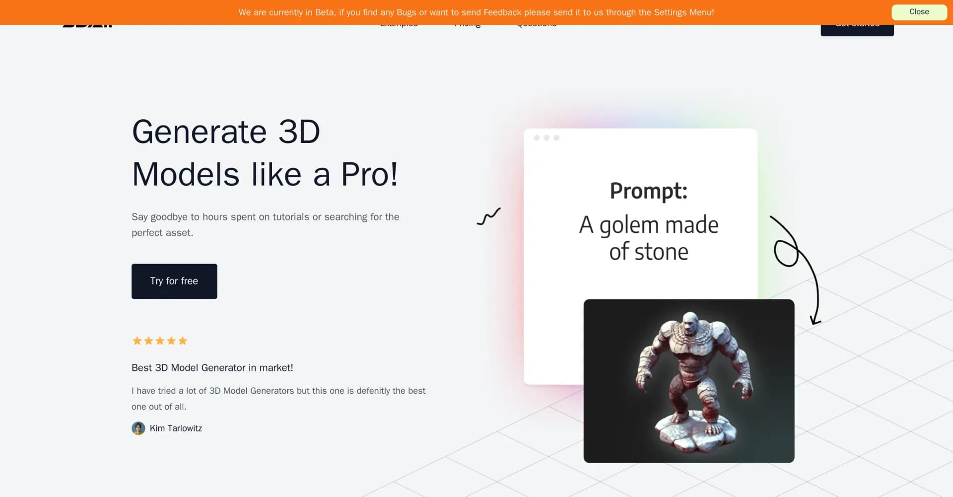 3D AI Studio homepage screenshot — Easily generate free 3D models with our AI-powered 3D AI Stu