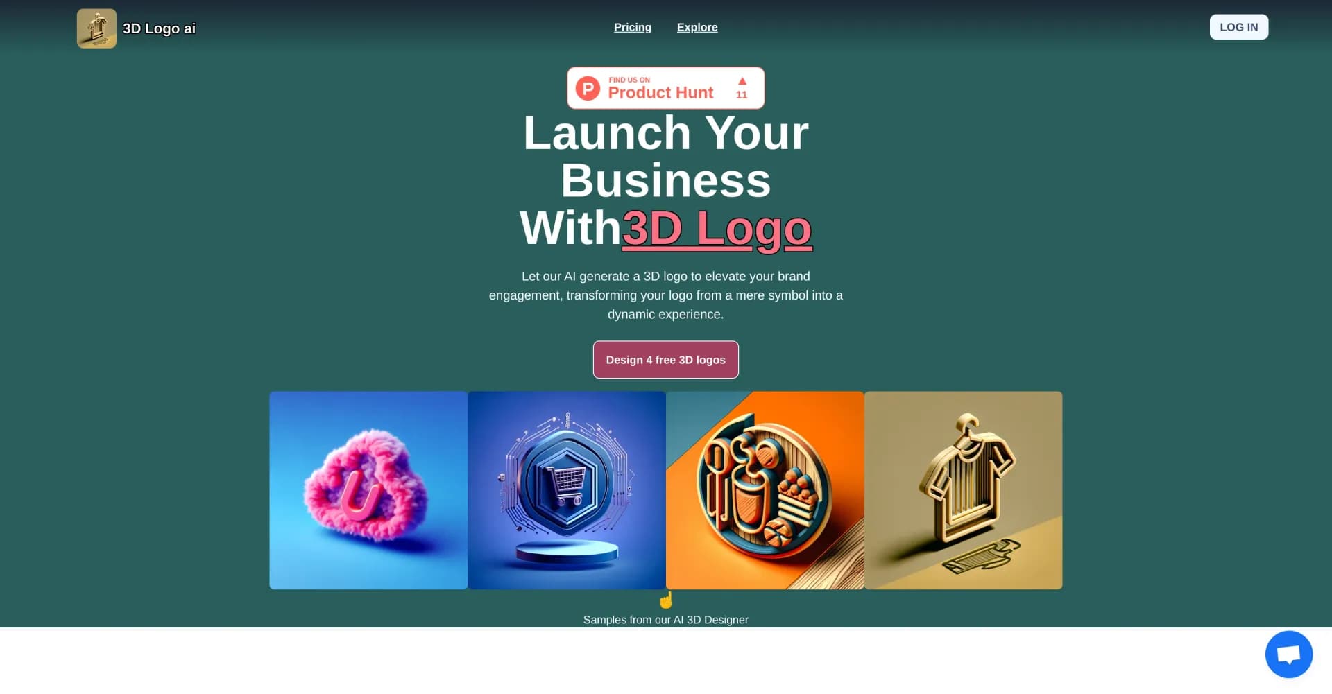 3D Logo AI homepage screenshot — Generate 3D logos to elevate your brand.