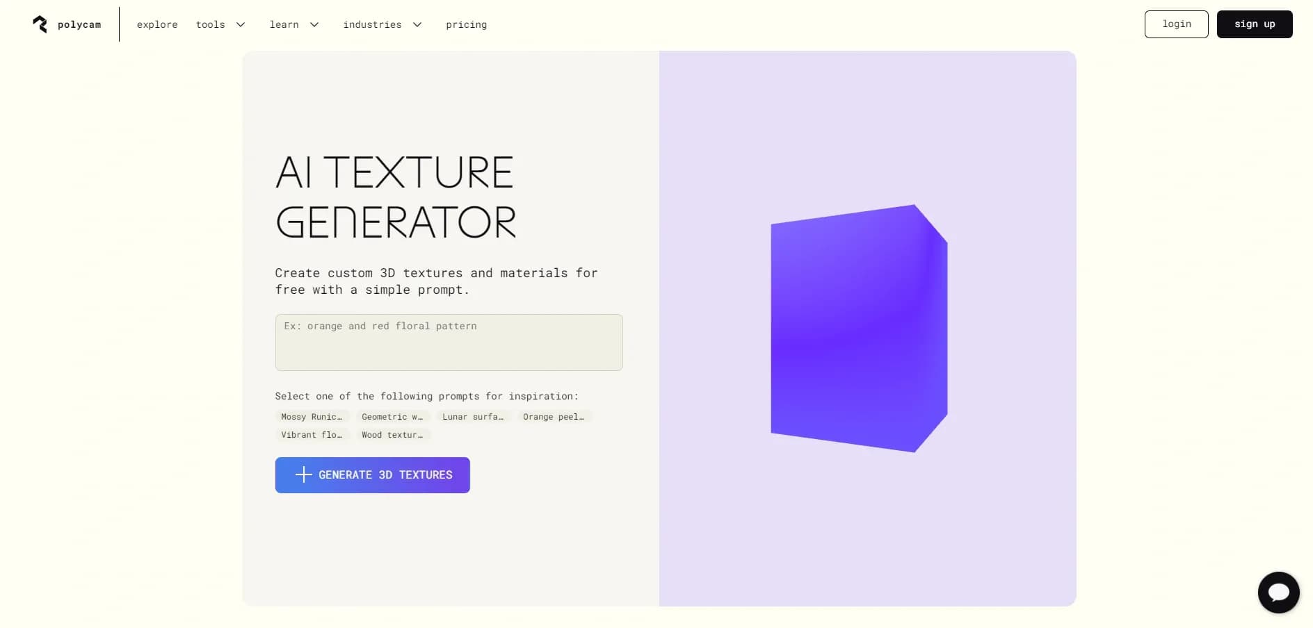 3D textures by Polycam homepage screenshot — Create custom 3D textures with AI prompts