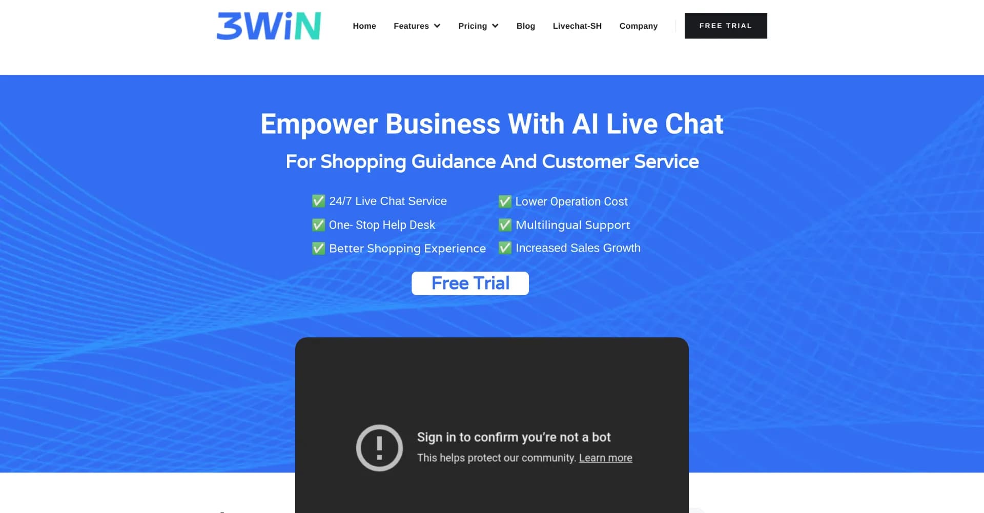 3Win ShopMate homepage screenshot — Empower business with AI live chat for shopping guidance