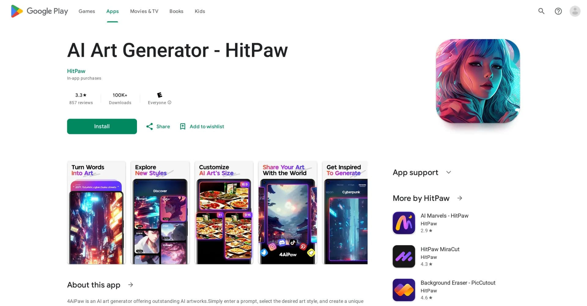 AI Art Generator - HitPaw homepage screenshot — Turn words into AI generated art and AI cartoon yourself in 