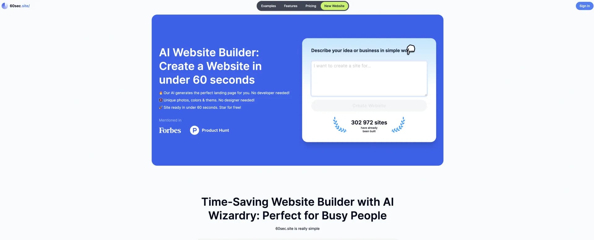 60sec.site homepage screenshot — Create a stunning website in under 60 seconds.