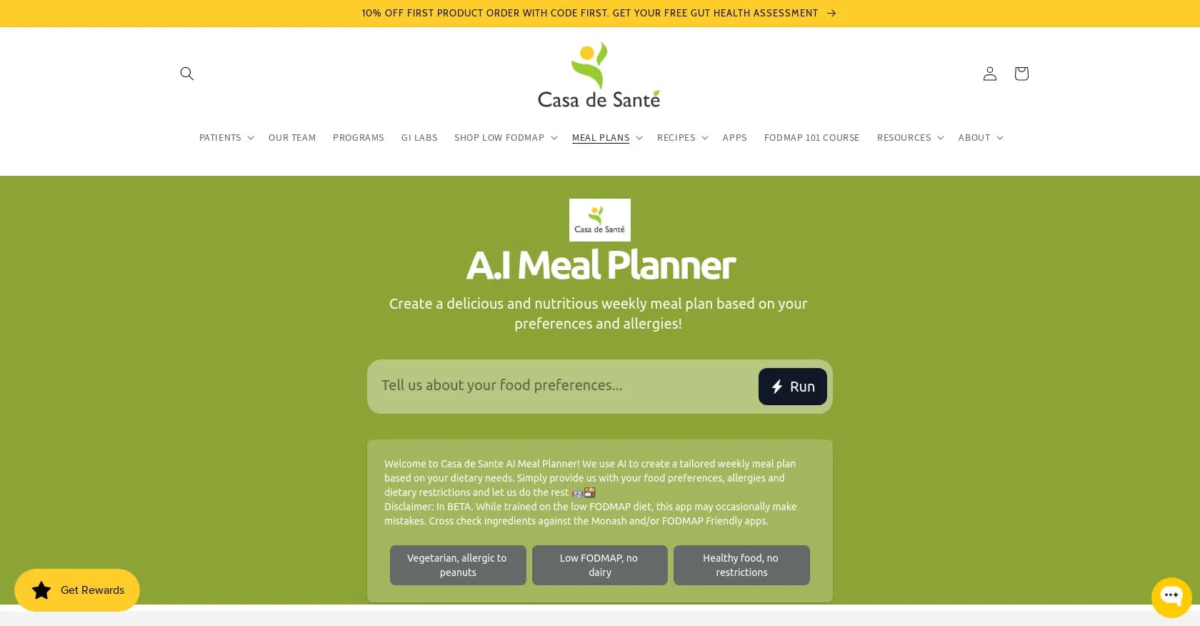A.I Meal Planner homepage screenshot — AI-powered meal planning for gut health