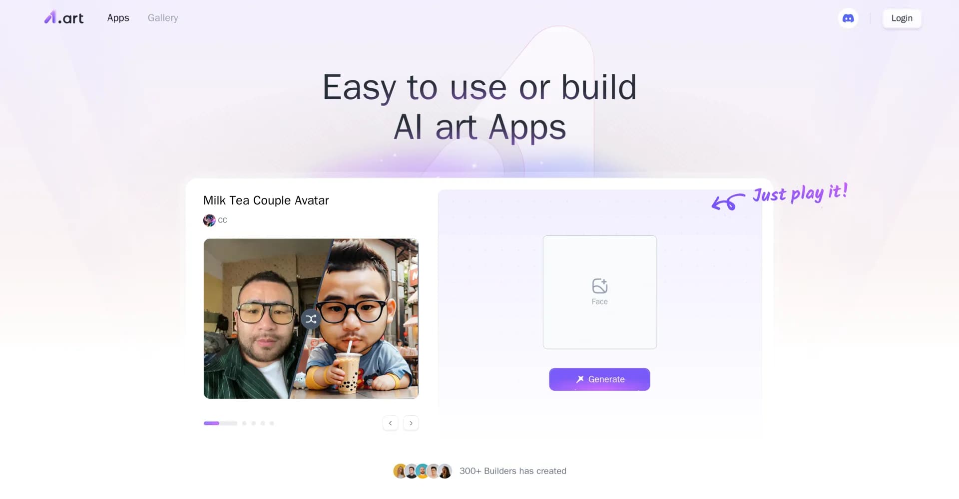 A1.art homepage screenshot — Easily build and discover AI art applications.
