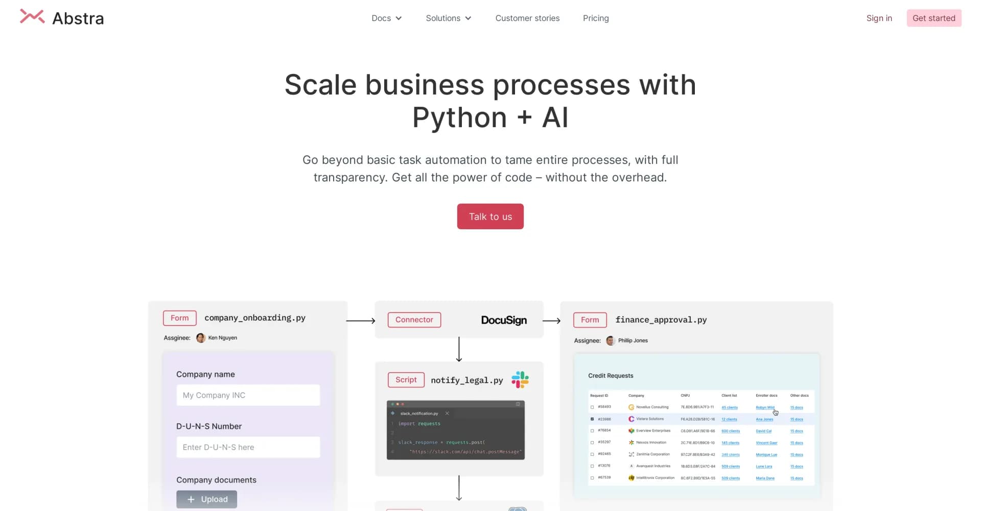 Abstra homepage screenshot — Scale business processes with Python + AI