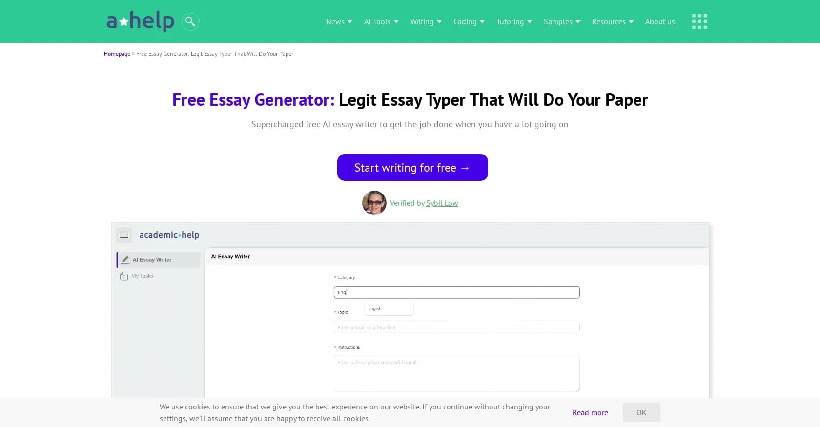 Academic Help homepage screenshot — Automated essay support for academic writing.