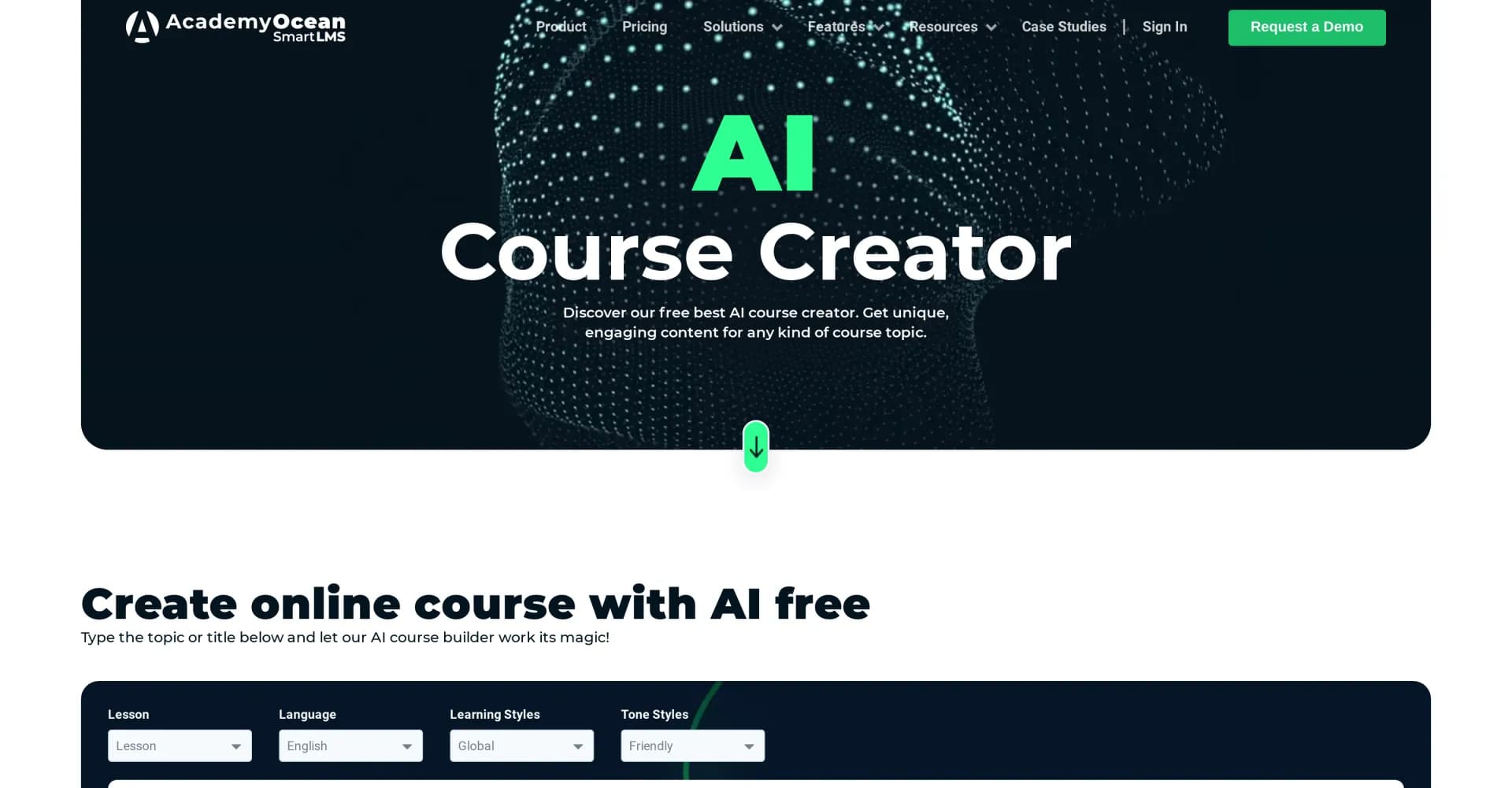 AcademyOcean homepage screenshot — Create online courses with AI, effortlessly