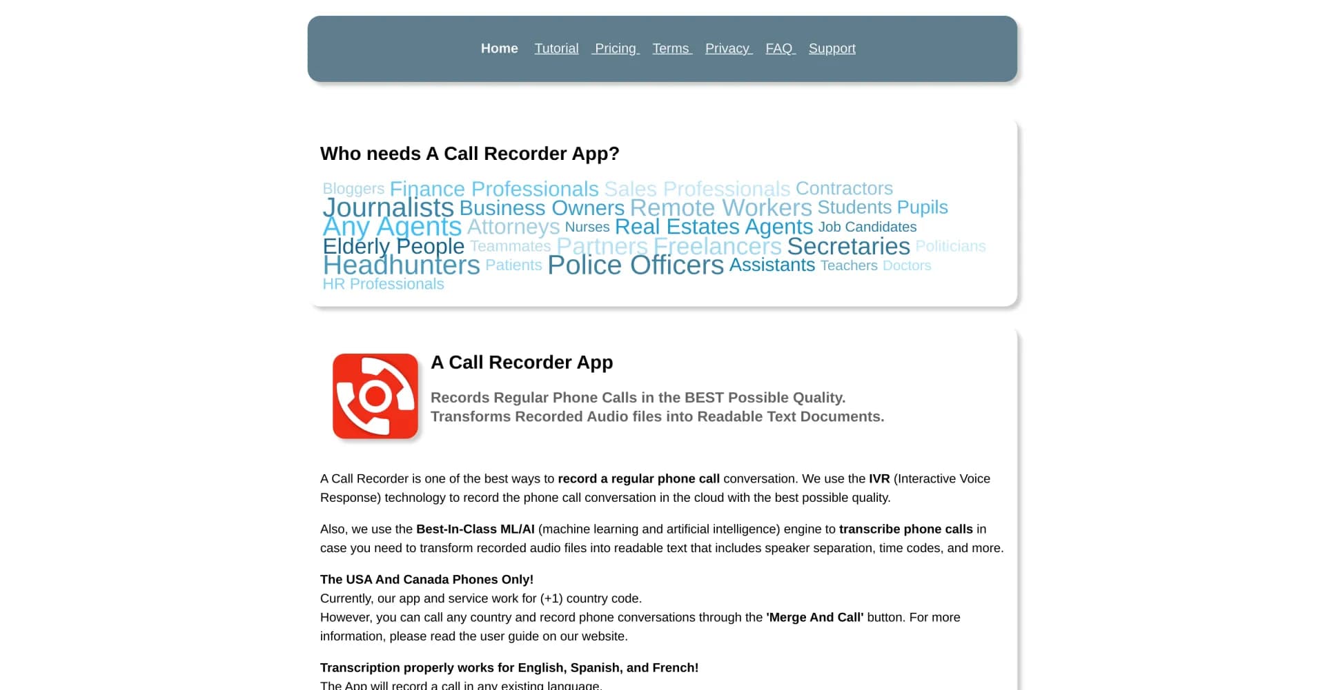 Acallrecorder homepage screenshot — Record and transcribe calls with unmatched quality.