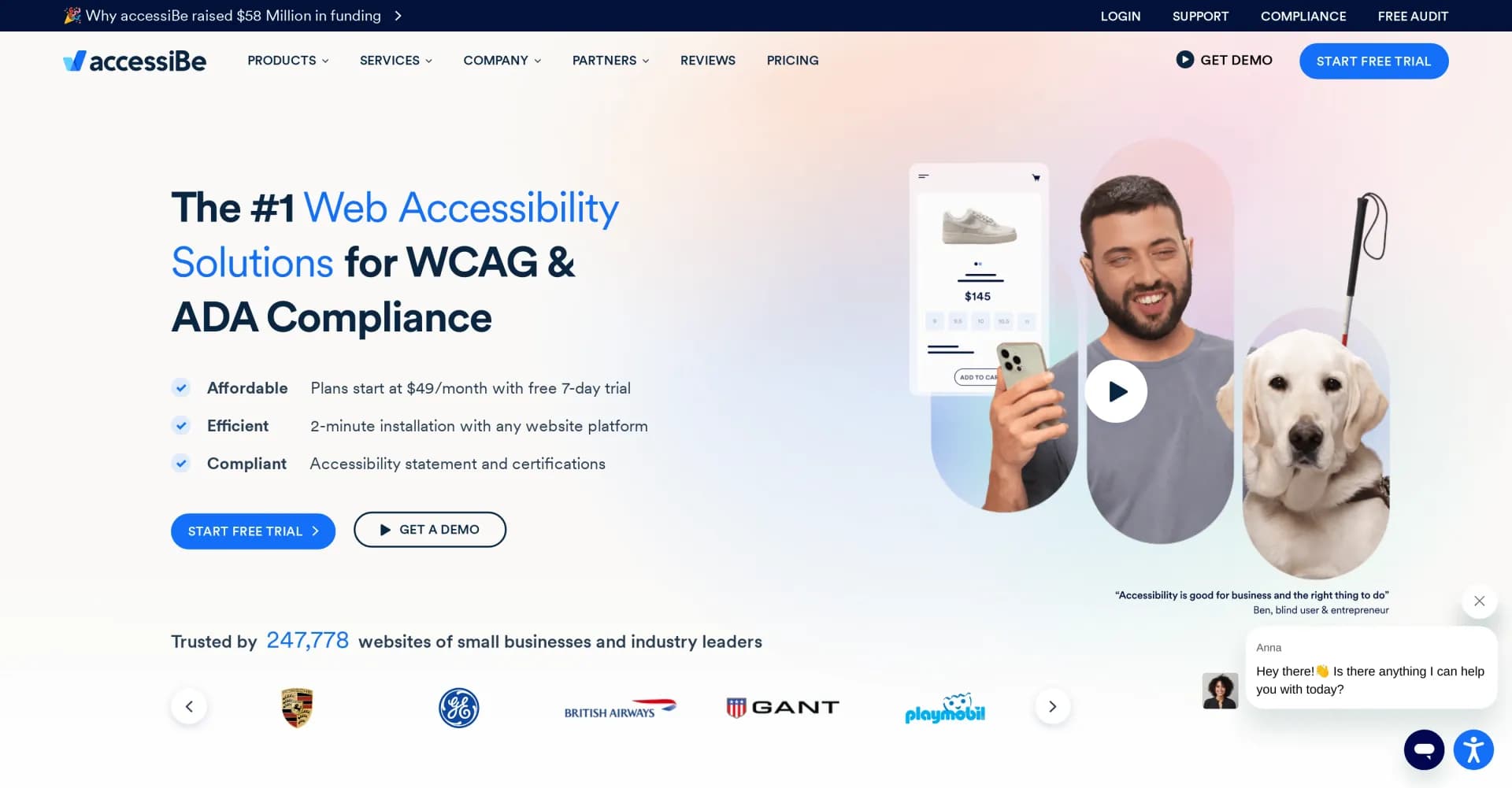 accessiBe homepage screenshot — AI-powered web accessibility for ADA compliance.