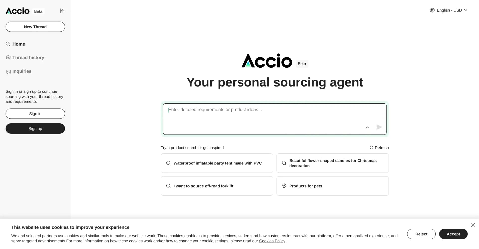 Accio homepage screenshot — The World’s First AI-Powered B2B Sourcing Engine