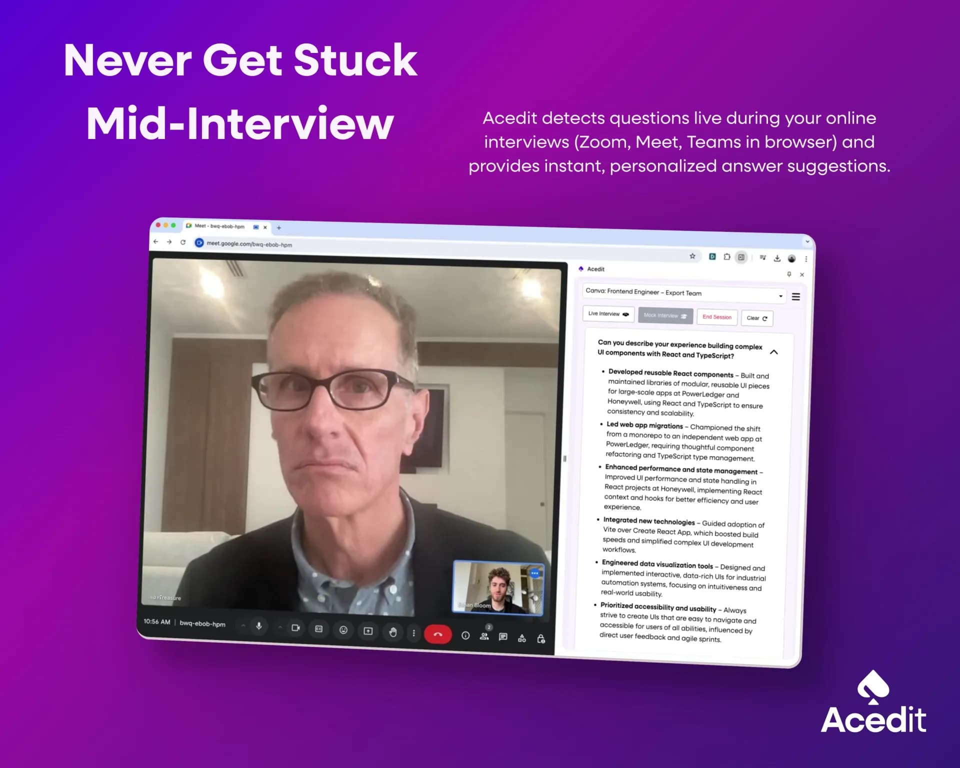 Acedit homepage screenshot — AI-powered interview coach for real-time assistance