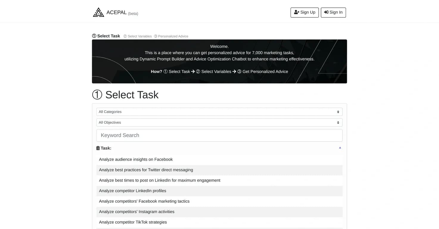 ACEPAL homepage screenshot — Get personalized advice for thousands of marketing tasks.