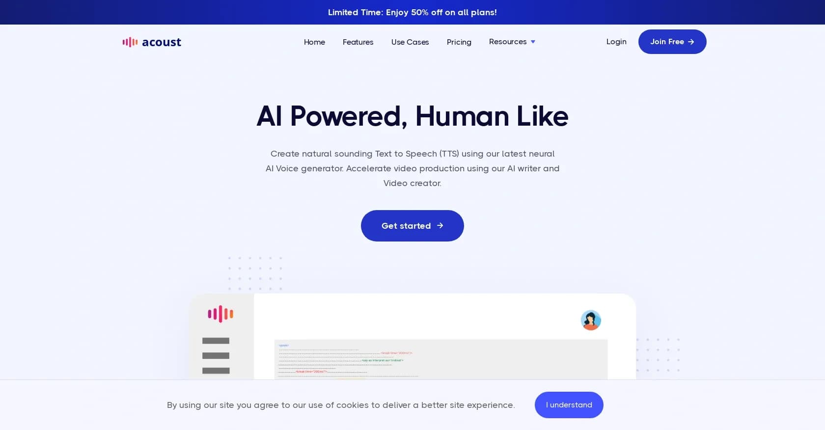 Acoust homepage screenshot — Create natural sounding AI voices instantly.