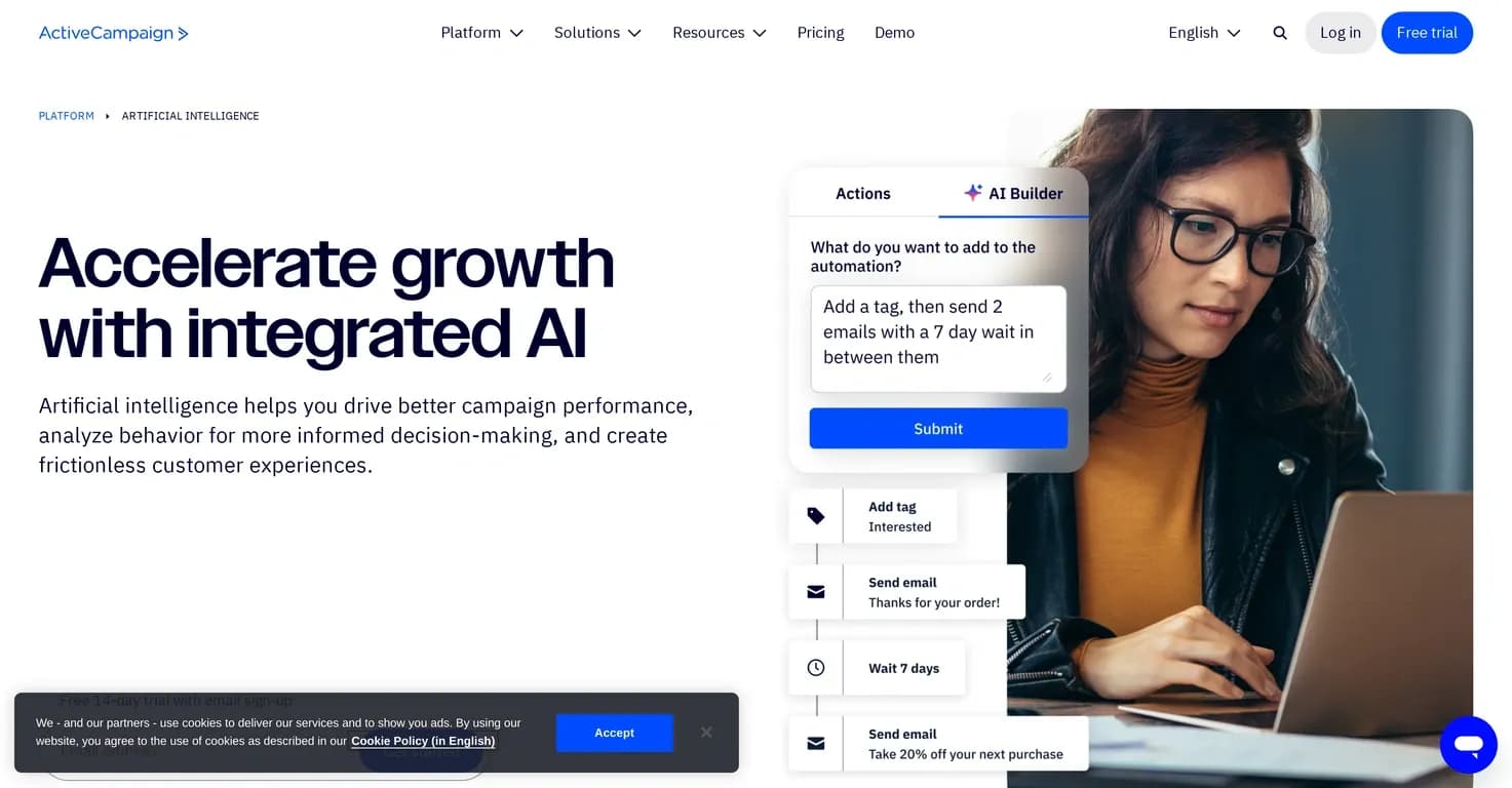 ActiveCampaign homepage screenshot — AI-powered marketing automation for personalized customer ex