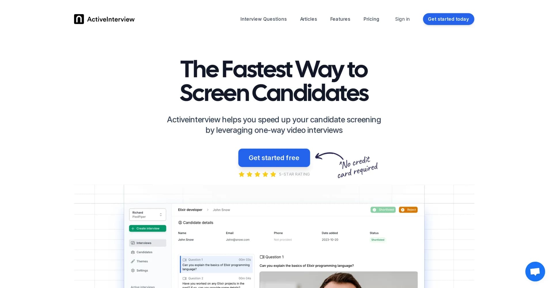 ActiveInterview homepage screenshot — Automate candidate screening with one-way video interviews.