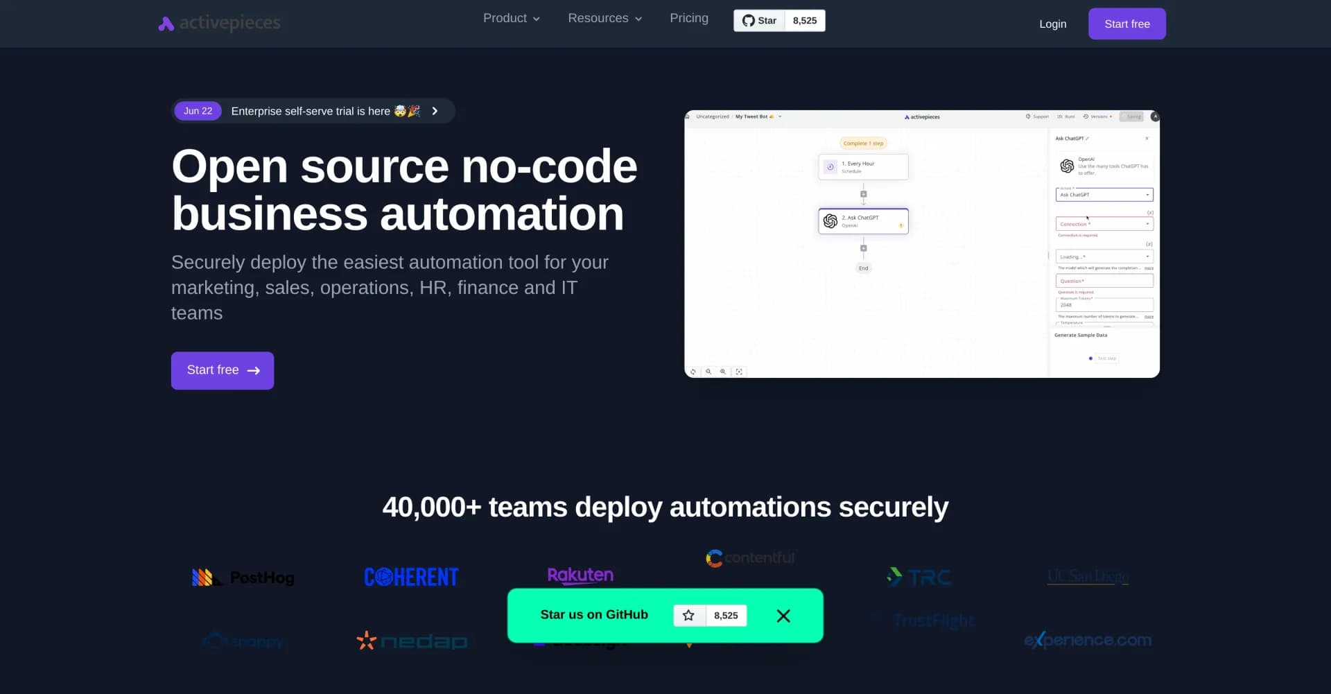 Activepieces homepage screenshot — Open-source automation for seamless workflows