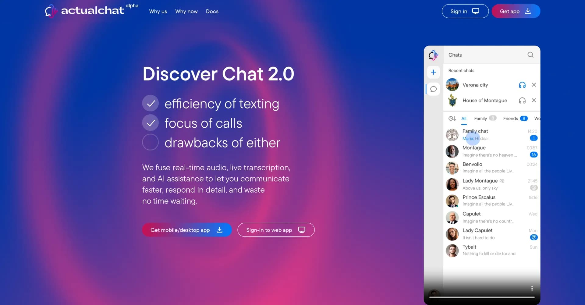 Actual Chat homepage screenshot — Revolutionize communication with audio, transcription, and A
