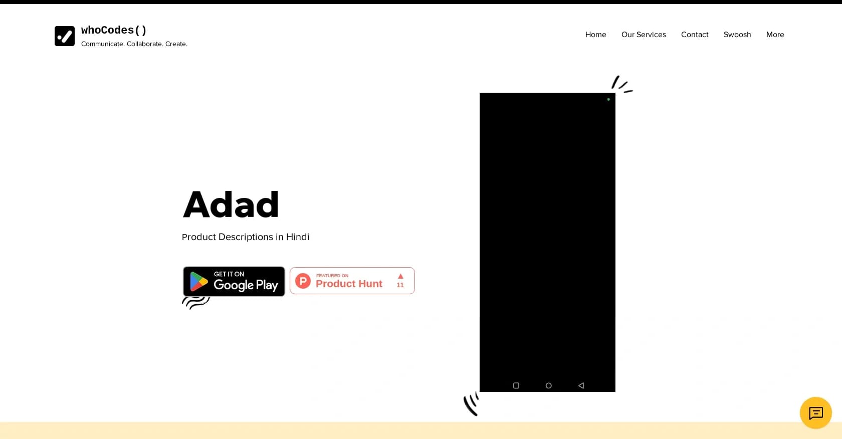 Adad homepage screenshot — Generate product descriptions in Hindi instantly