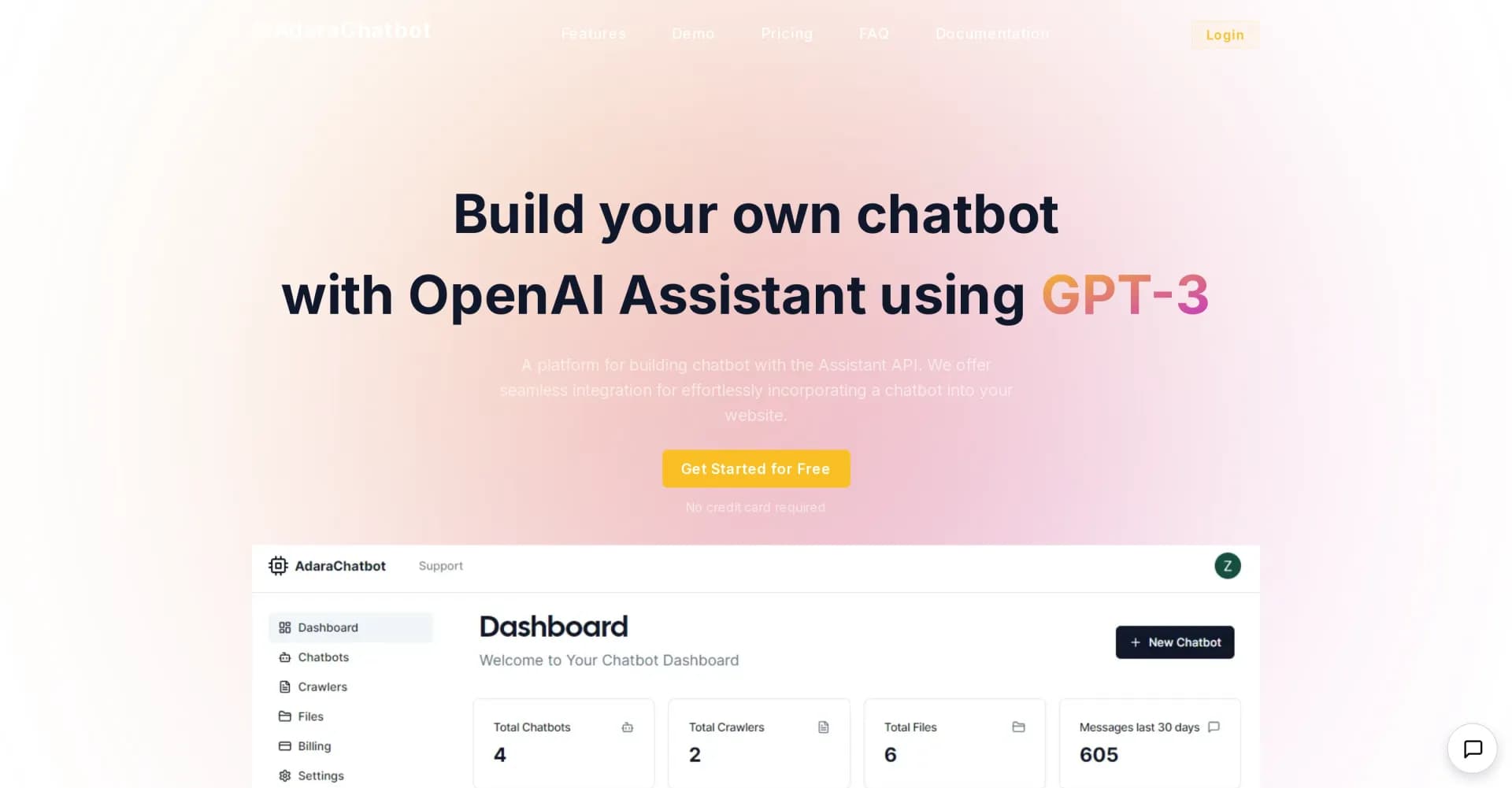 AdaraChatbot homepage screenshot — Build your own chatbot with OpenAI Assistant.