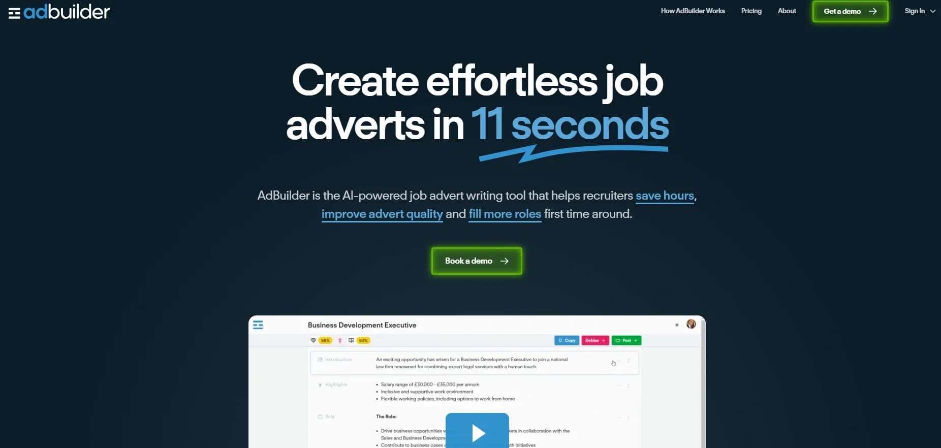 AdBuilder homepage screenshot — AI-powered job adverts in seconds.