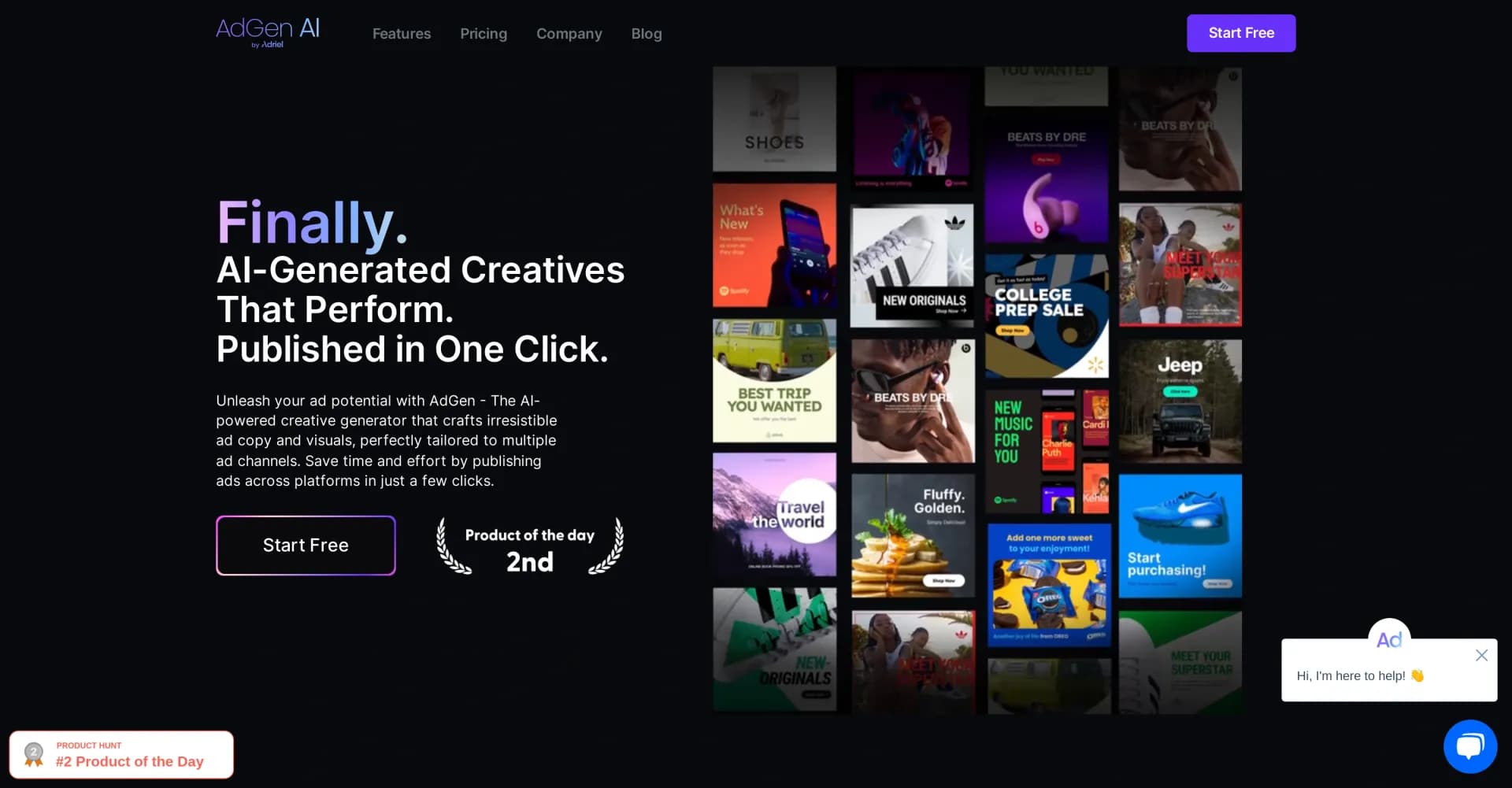 AdGen AI homepage screenshot — AI-generated ads that perform, published in one click.