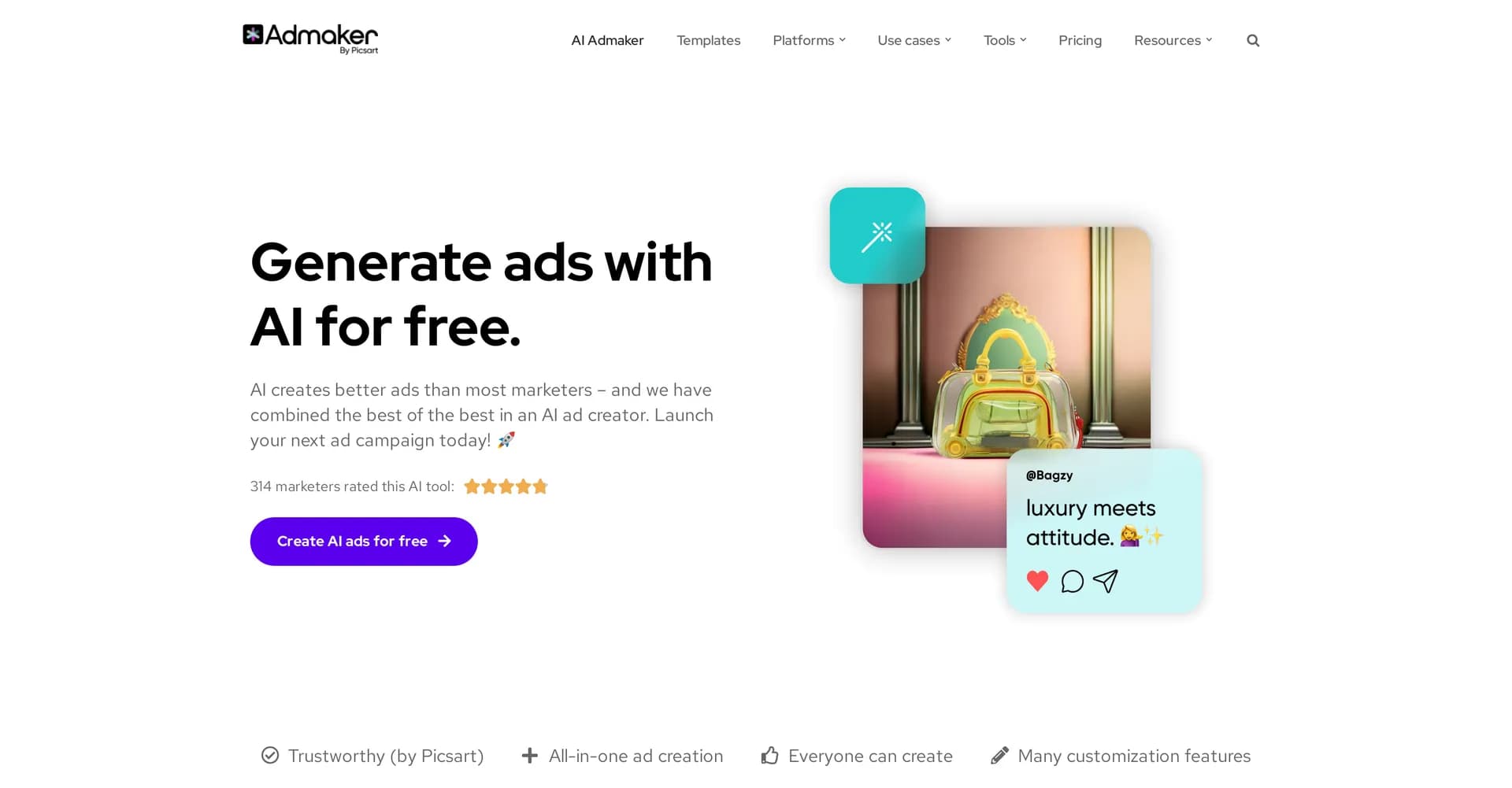 Admaker by Picsart homepage screenshot — AI-powered ad creation for social media
