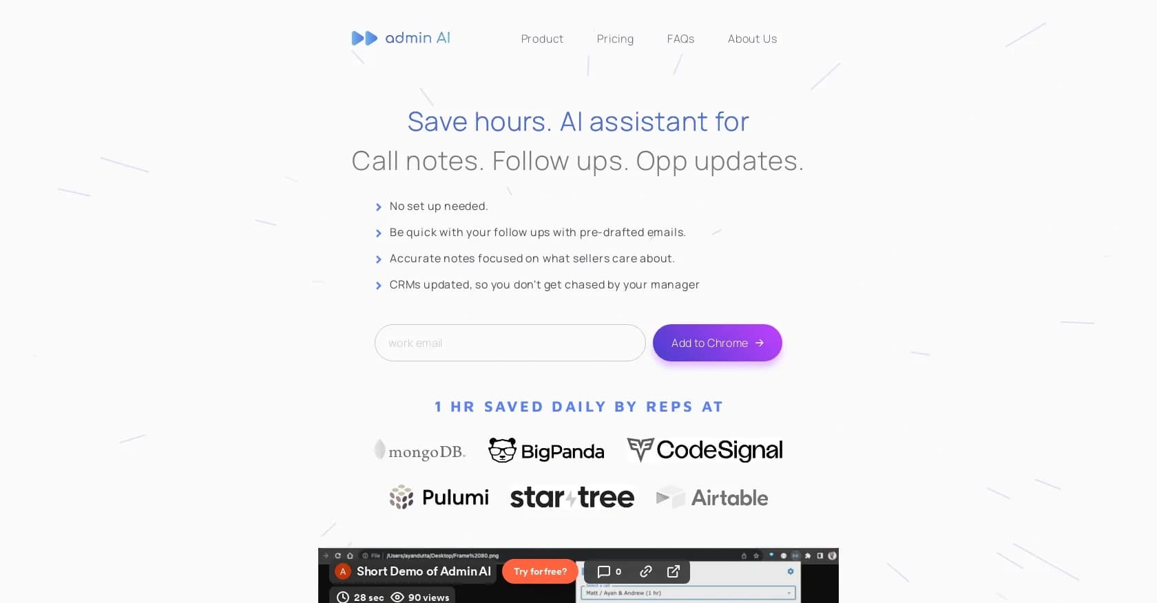 AdminAI homepage screenshot — AI assistant for sales calls, follow-ups, and CRM updates