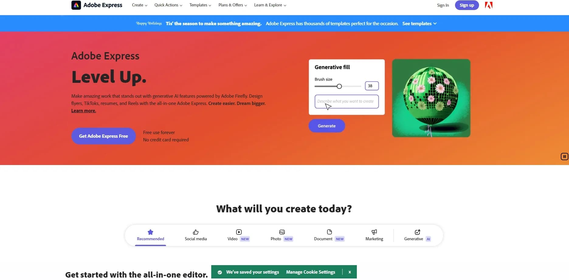 Adobe Express homepage screenshot — Create stunning content easily with AI-powered design tools.