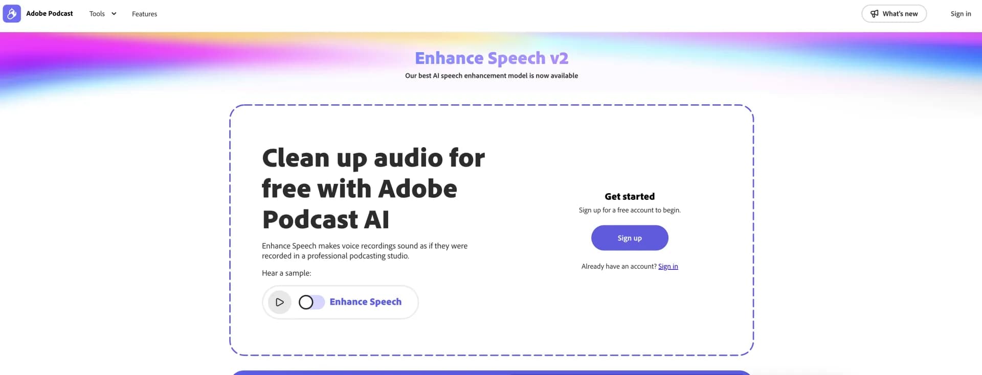 Adobe Audio Enhancer homepage screenshot — Clean up spoken audio with AI studio-quality filters.