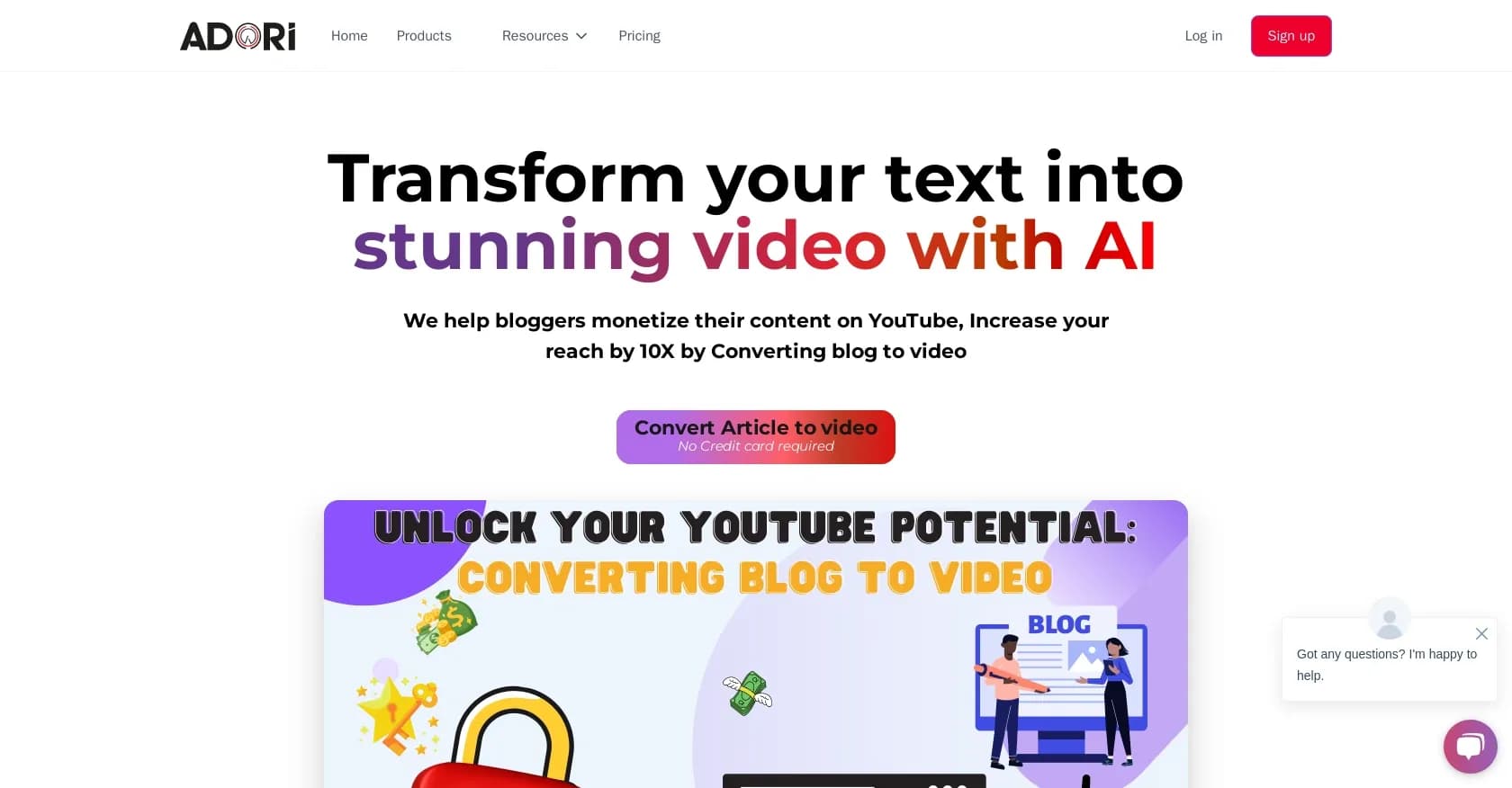 Adori homepage screenshot — Convert blogs to engaging videos with AI