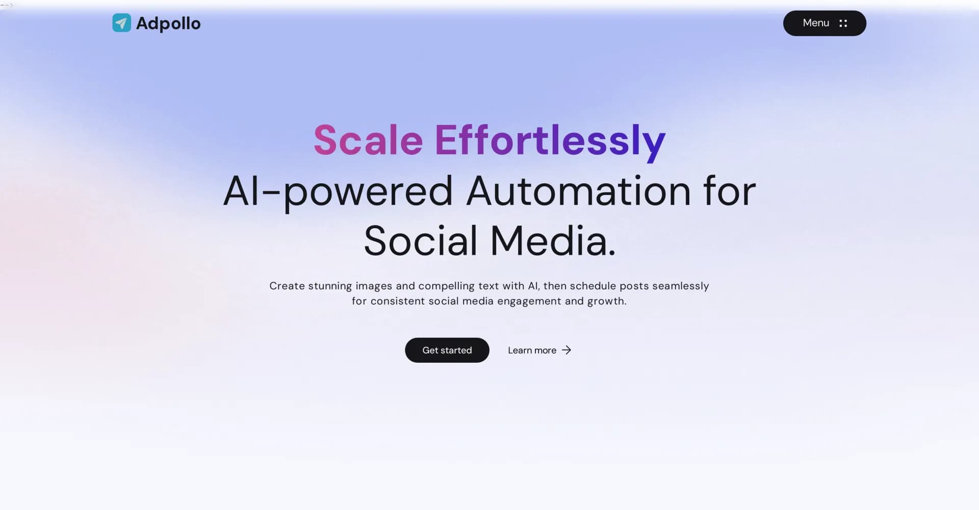 Adpollo homepage screenshot — AI-powered automation for social media growth