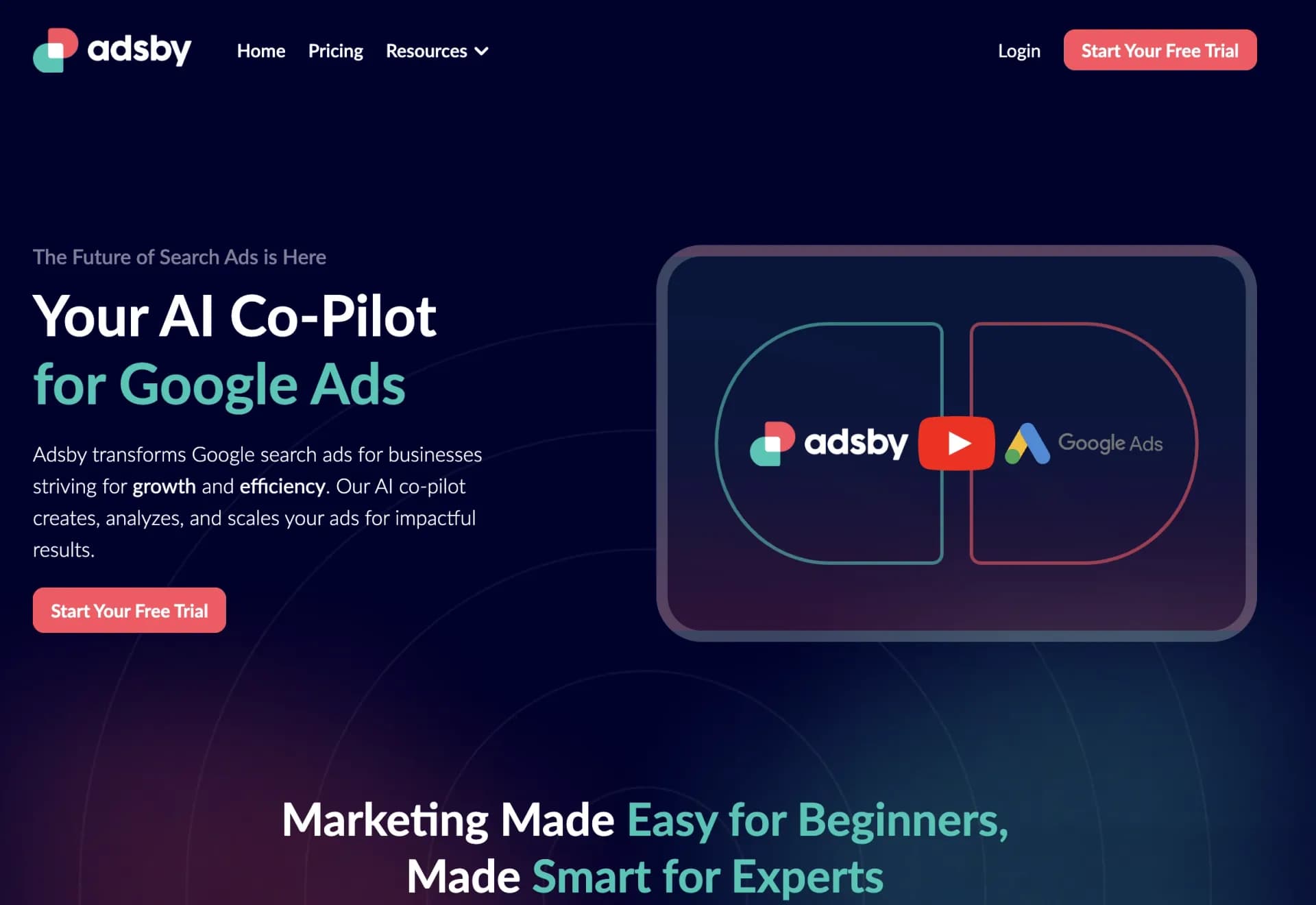 Adsby homepage screenshot — Your AI Co-Pilot in Google Ads