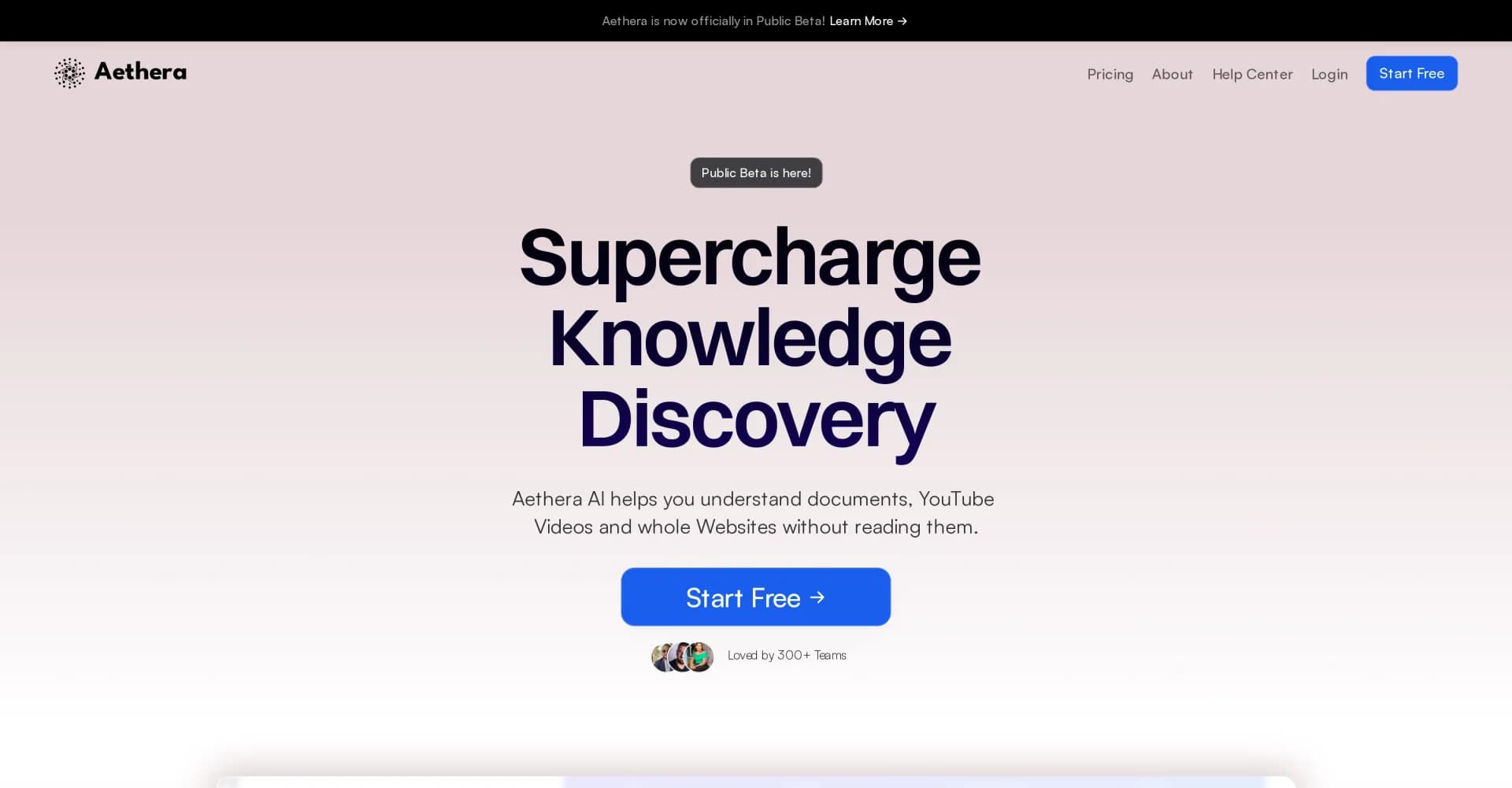 Aethera homepage screenshot — Supercharge knowledge discovery with AI