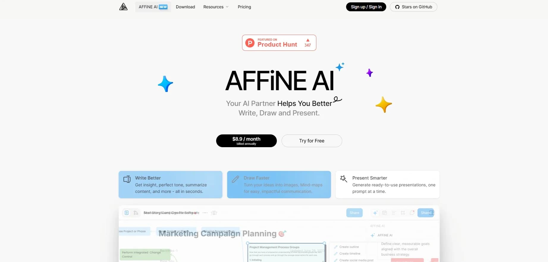 AFFiNE AI homepage screenshot — The universal editor for work, play, and creation.