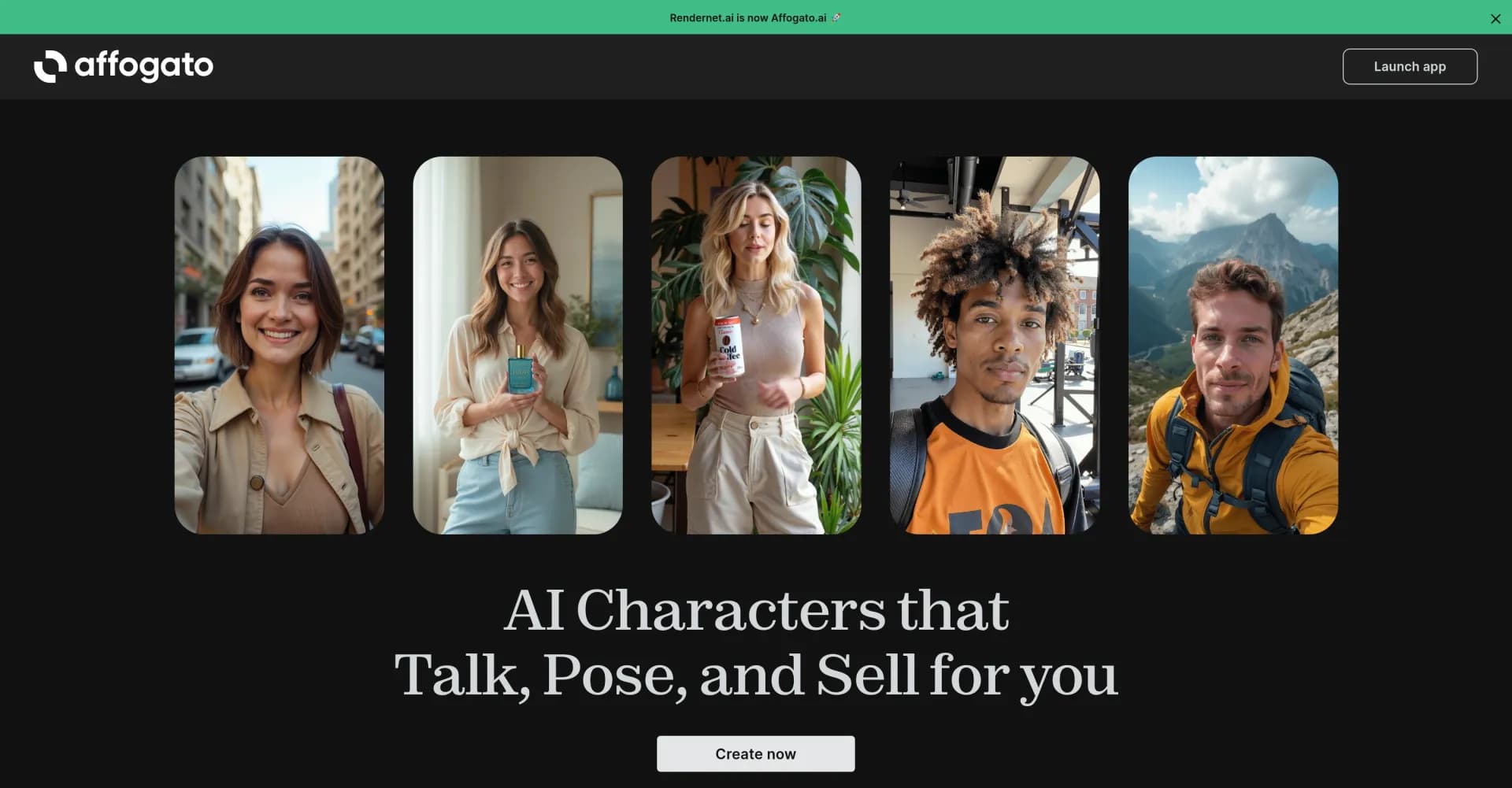 Affogato AI homepage screenshot — Bring stories to life with AI-generated characters