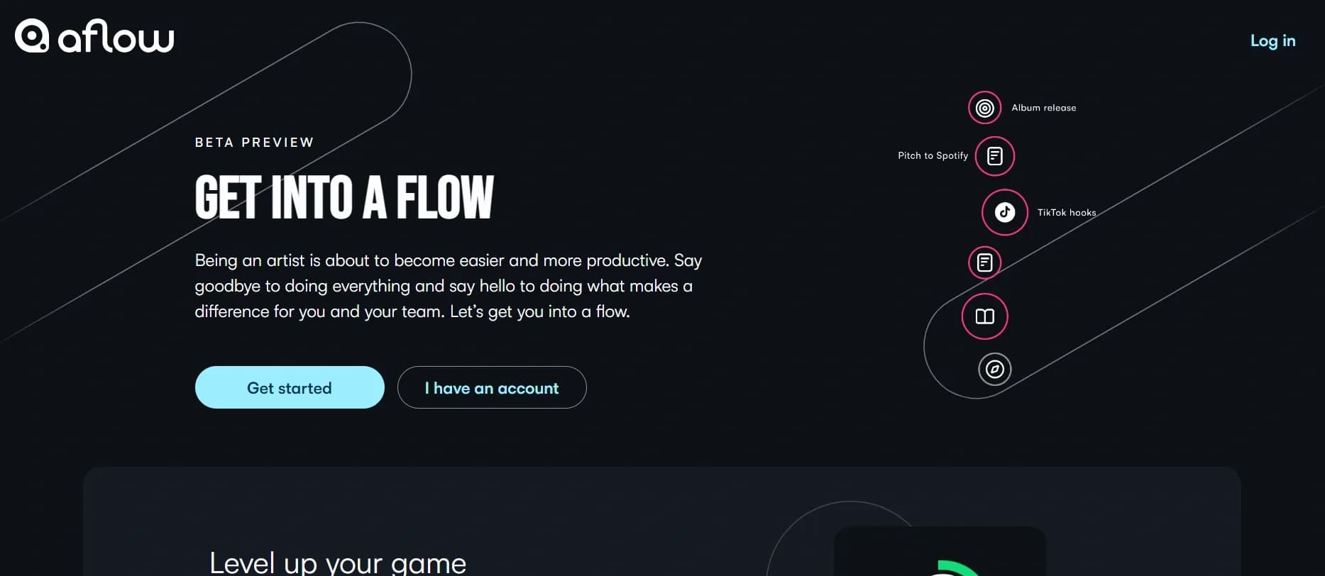Aflow homepage screenshot — AI-powered creativity boost for artists and teams
