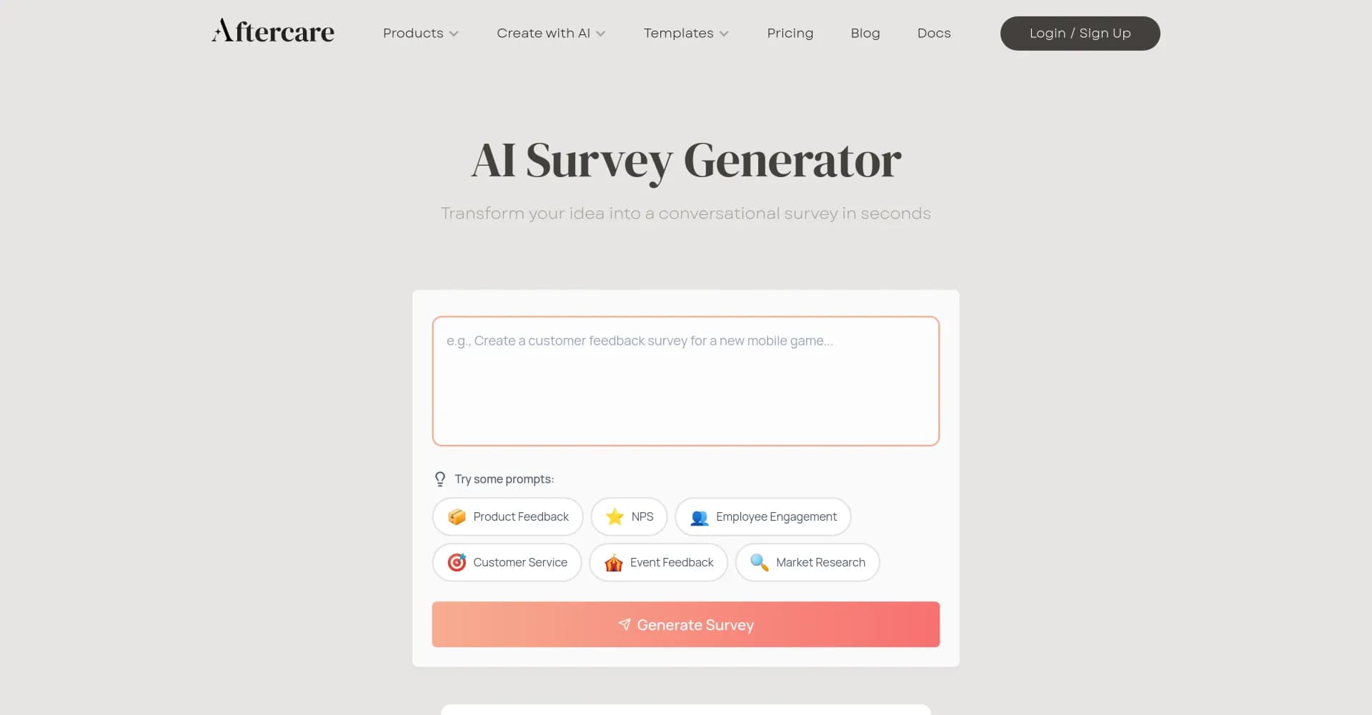 Aftercare AI Survey Generator homepage screenshot — Transform ideas into AI-powered conversational surveys.