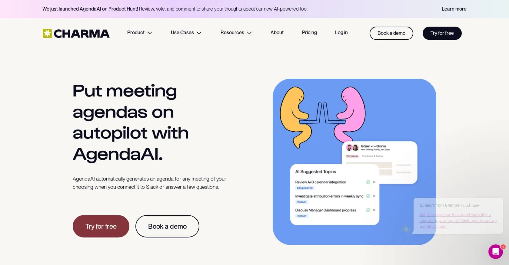 AgendaAI by Charma homepage screenshot — Put meeting agendas on autopilot.